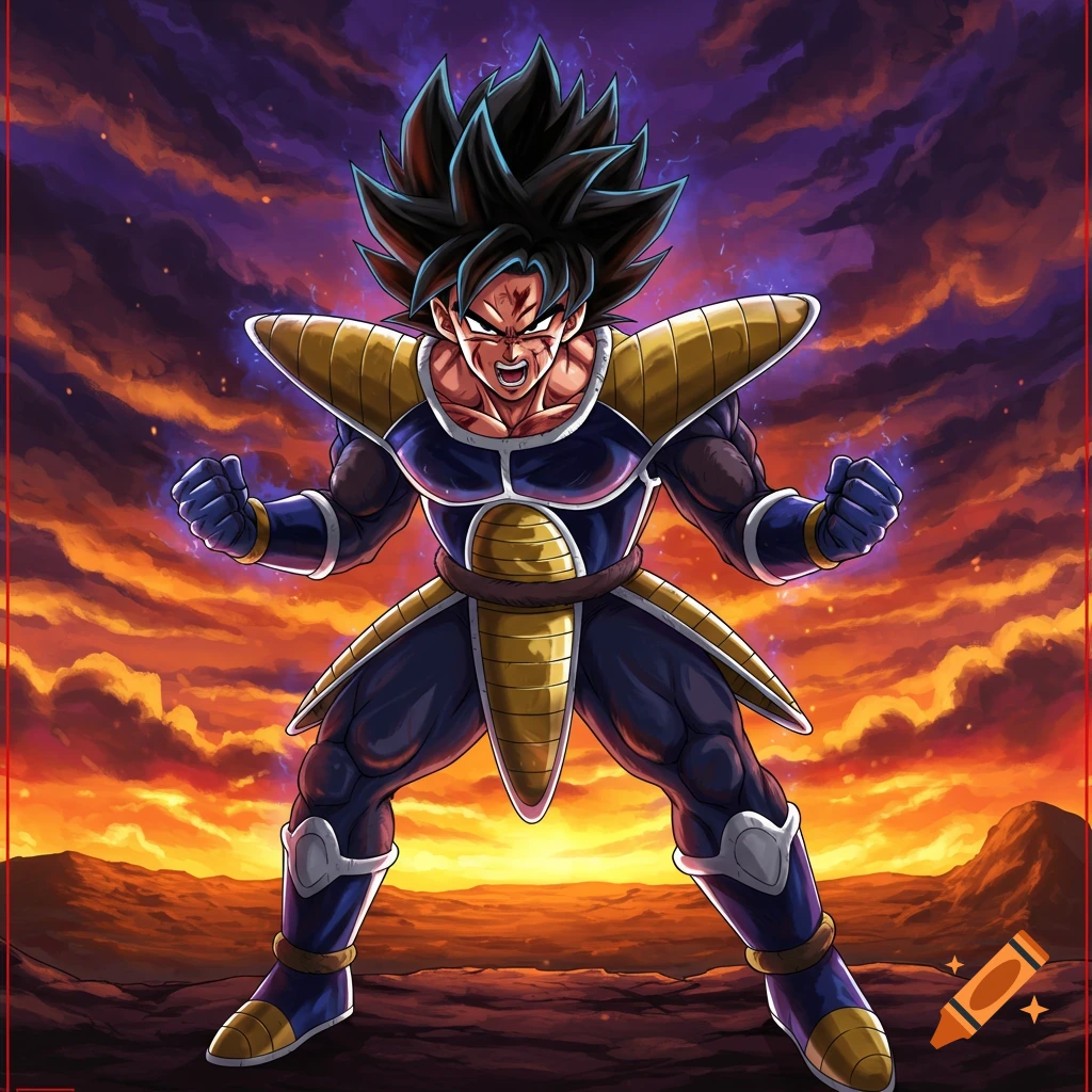Stylized male character in Saiyan armor powering up against a sunset background.