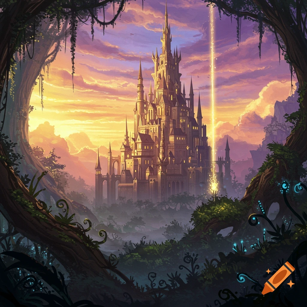 A fantasy castle bathed in sunlight and magic within a vibrant forest at sunset.