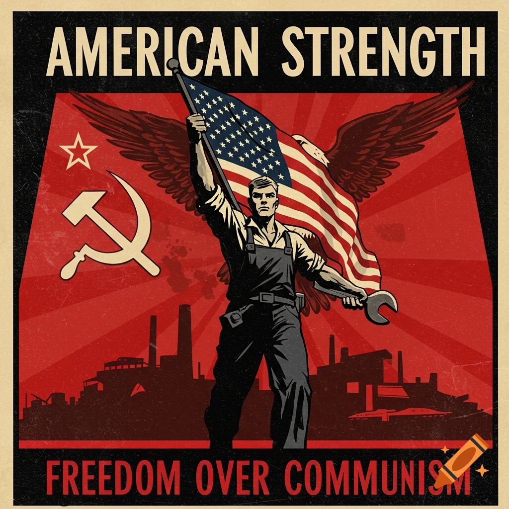 Anti-communist propaganda poster in red/black digital art: Worker holding US flag and wrench, with eagle, factory, hammer/sickle. Text: AMERICAN STRENGTH, FREEDOM OVER COMMUNISM.