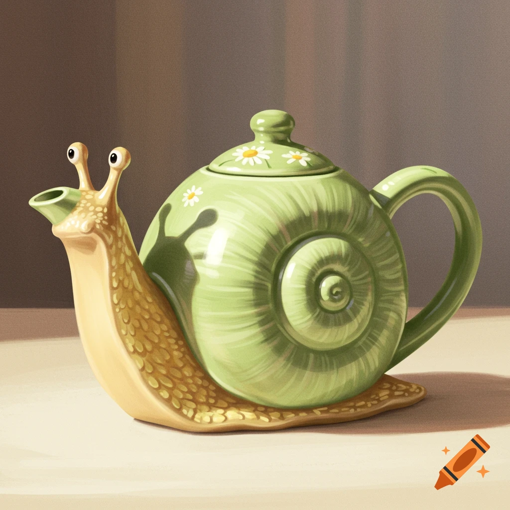 A green snail-shaped teapot with flower details.