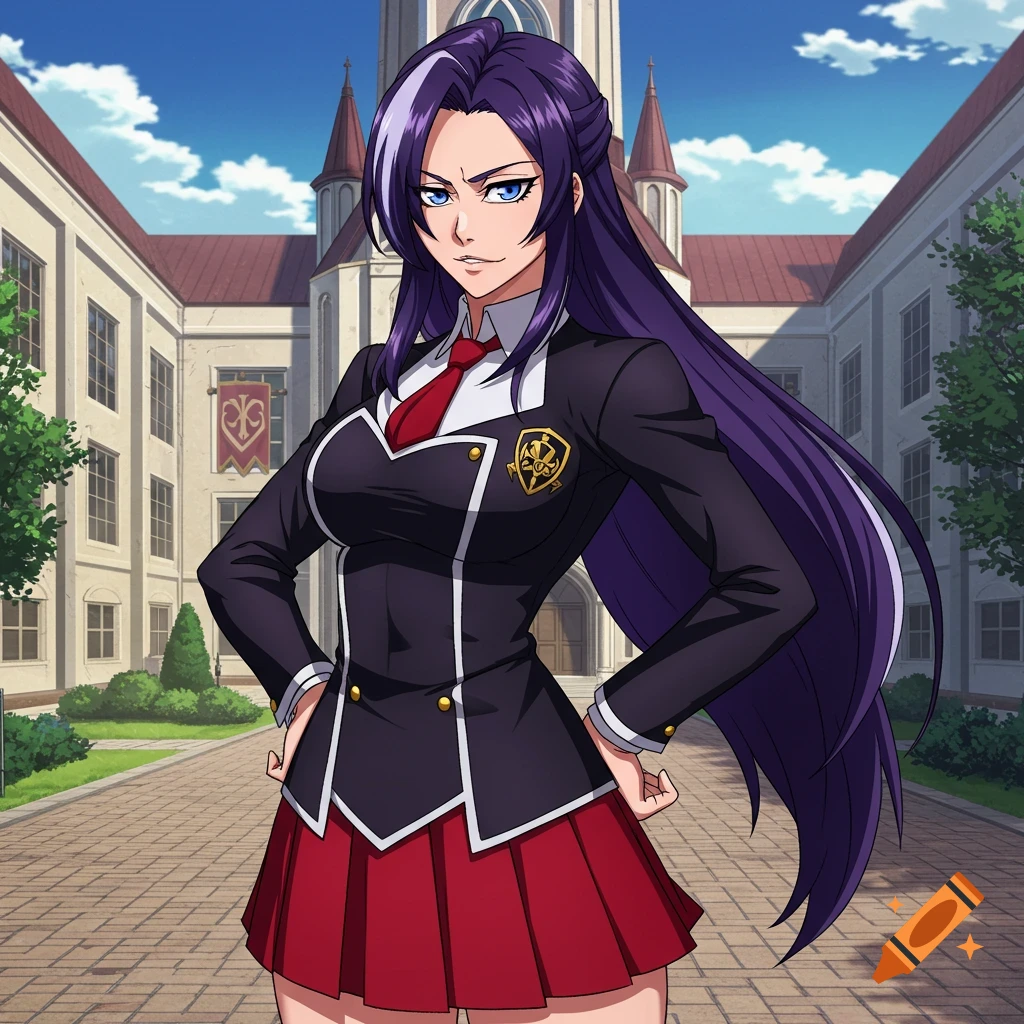 Anime woman with long purple hair in school uniform in front of school.