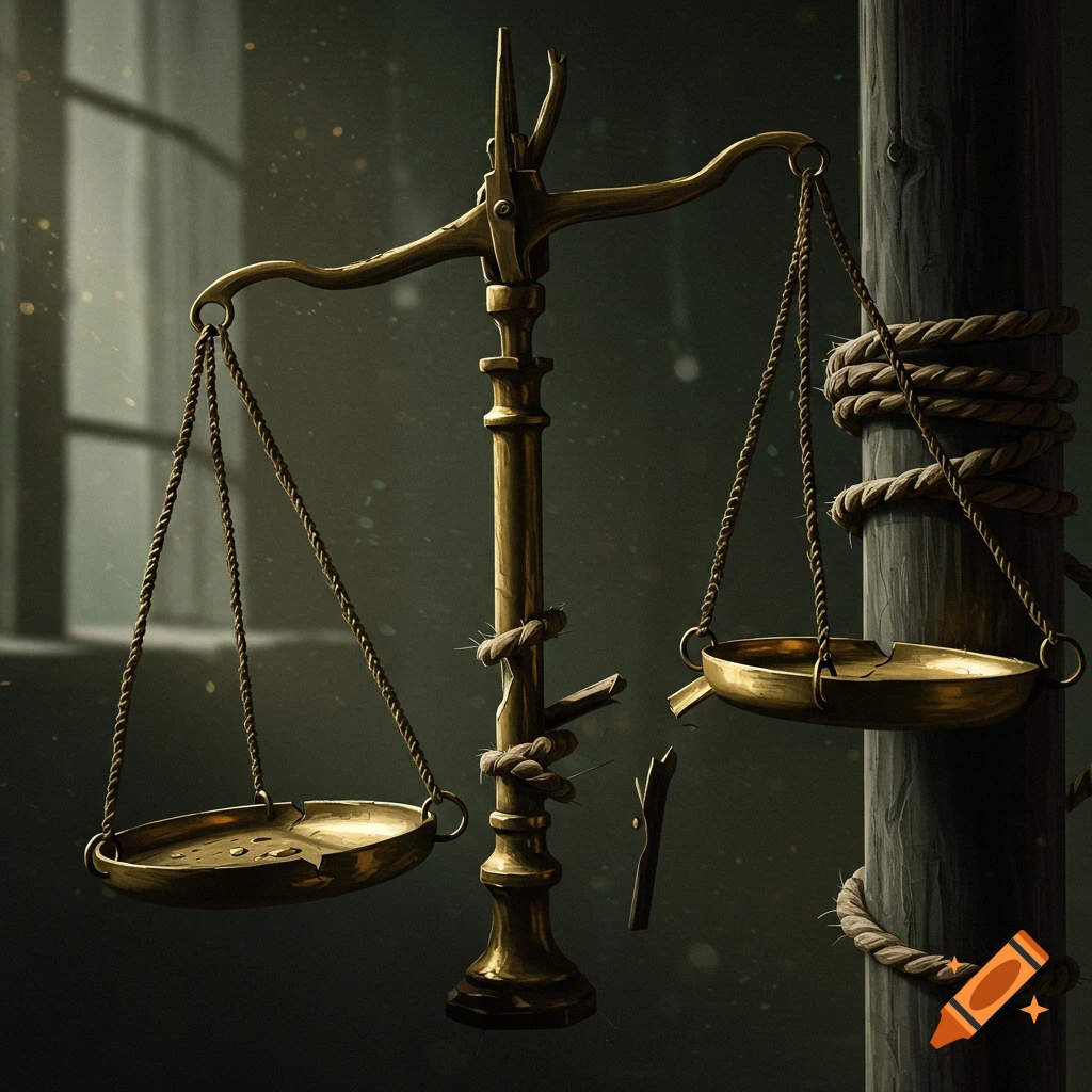 A broken scale of justice is tied with rope in a dark room