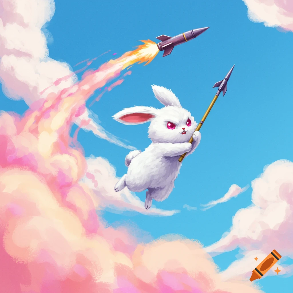 A fluffy white bunny flies through pink clouds holding a javelin as a rocket shoots past.