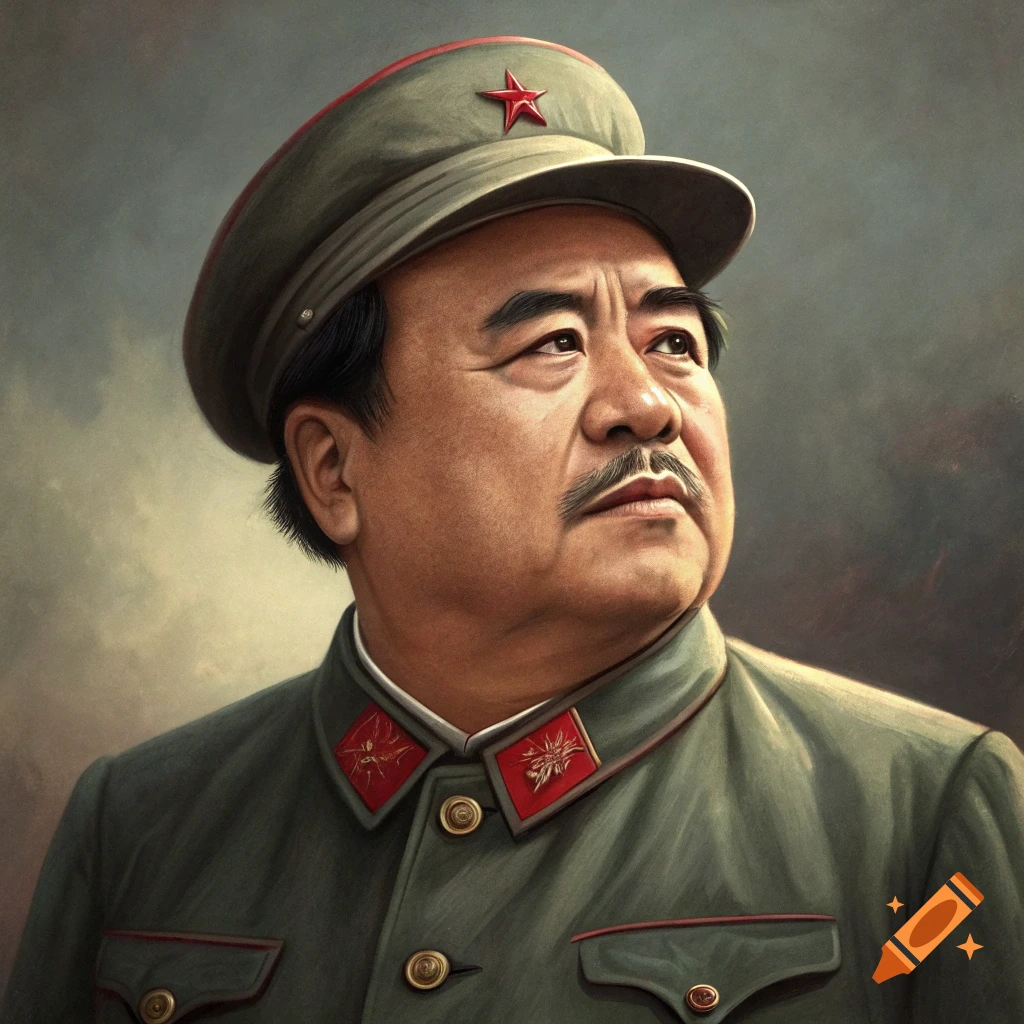 Portrait of a man in a military uniform and cap with a red star, looking upwards.