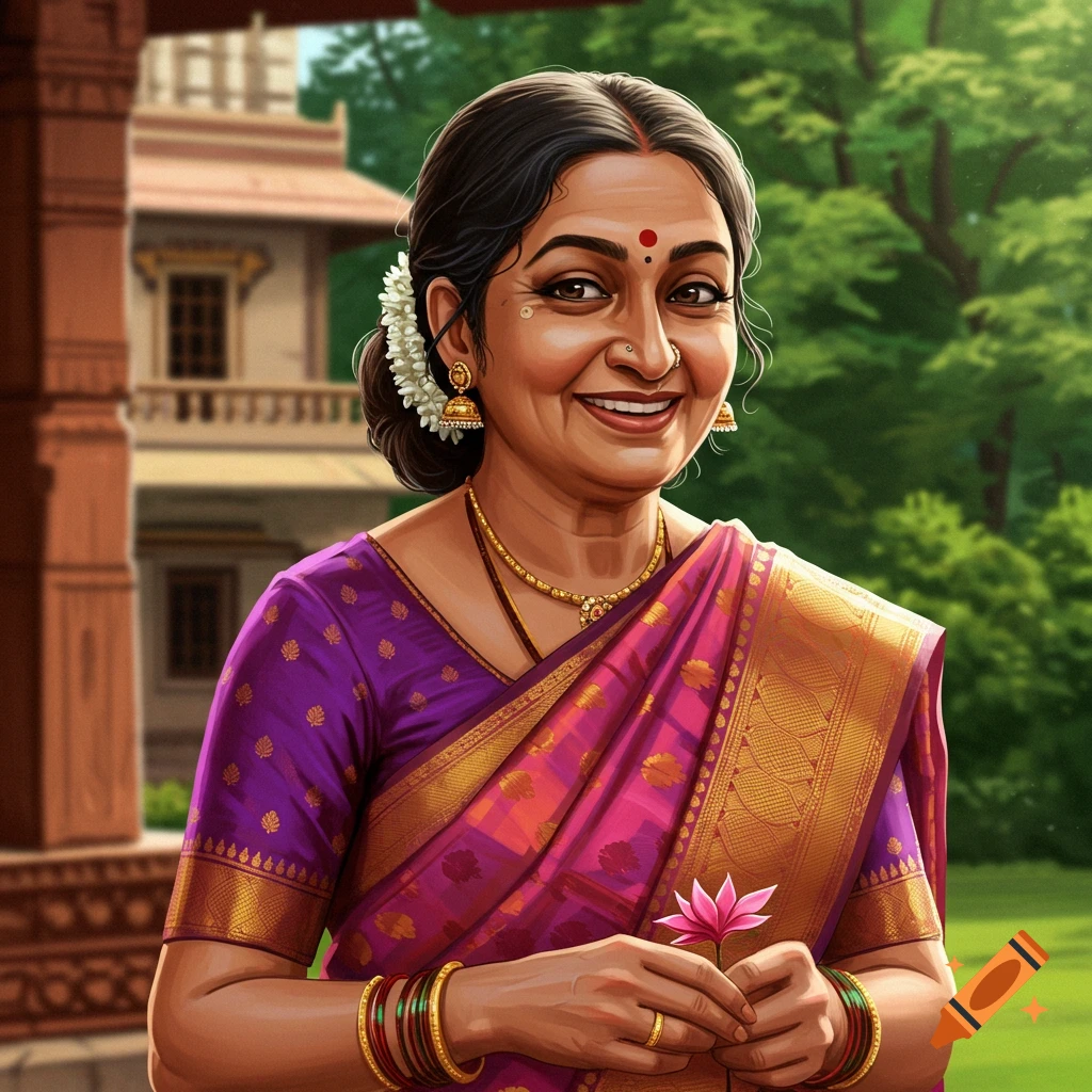 A smiling Indian woman in a purple and gold saree holding a pink flower.