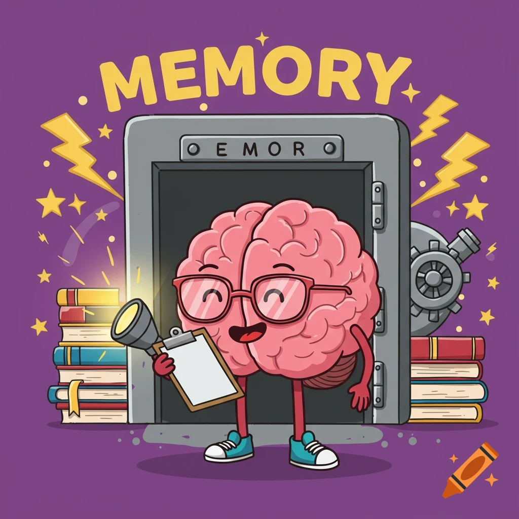 A cartoon brain character with glasses holds a flashlight and clipboard in front of a vault labeled ". Explicitly stating the text 