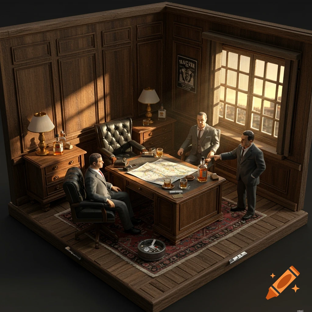Miniature diorama of a vintage office scene with men in suits around a desk with a map, whiskey, and lamps, in afternoon light.