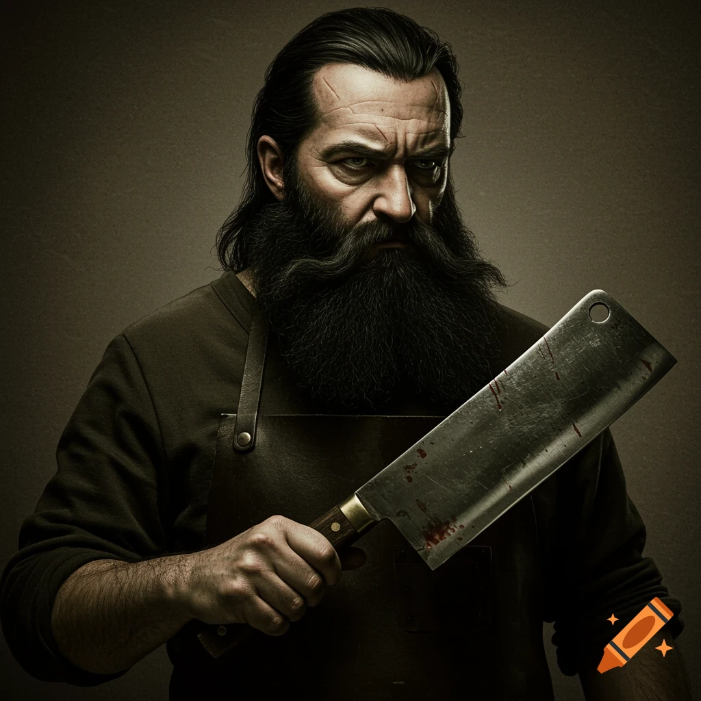 A bearded man in an apron holds a bloody meat cleaver. Digital art in a dark, dramatic style.