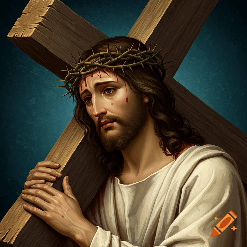 Jesus is depicted with a crown of thorns, carrying a wooden cross.