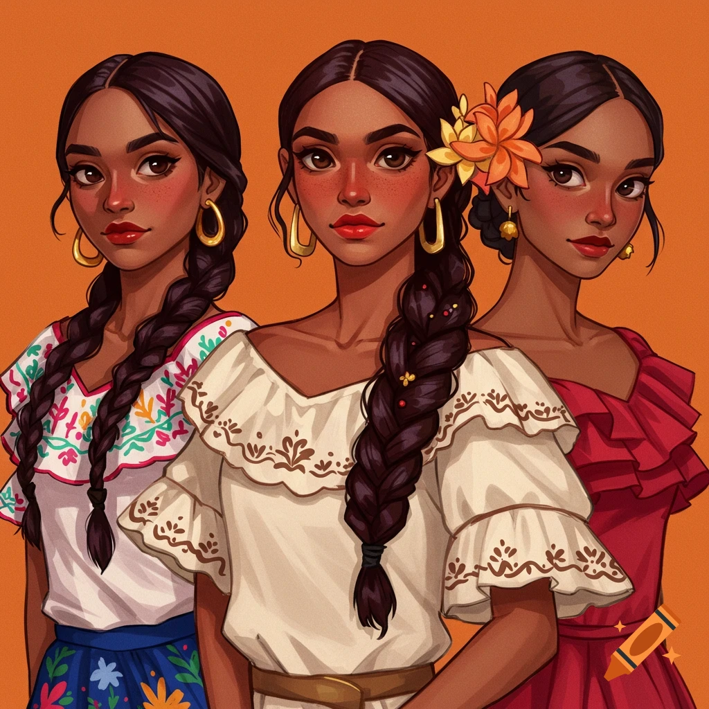 A painting of three women with braided hair in traditional folk dresses.