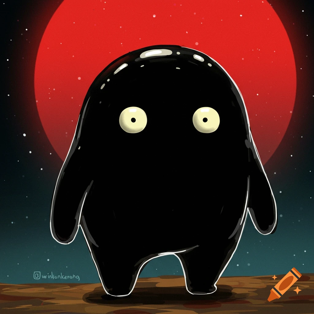 A cartoonish black blob creature with large yellow eyes against a red moon and starry sky.
