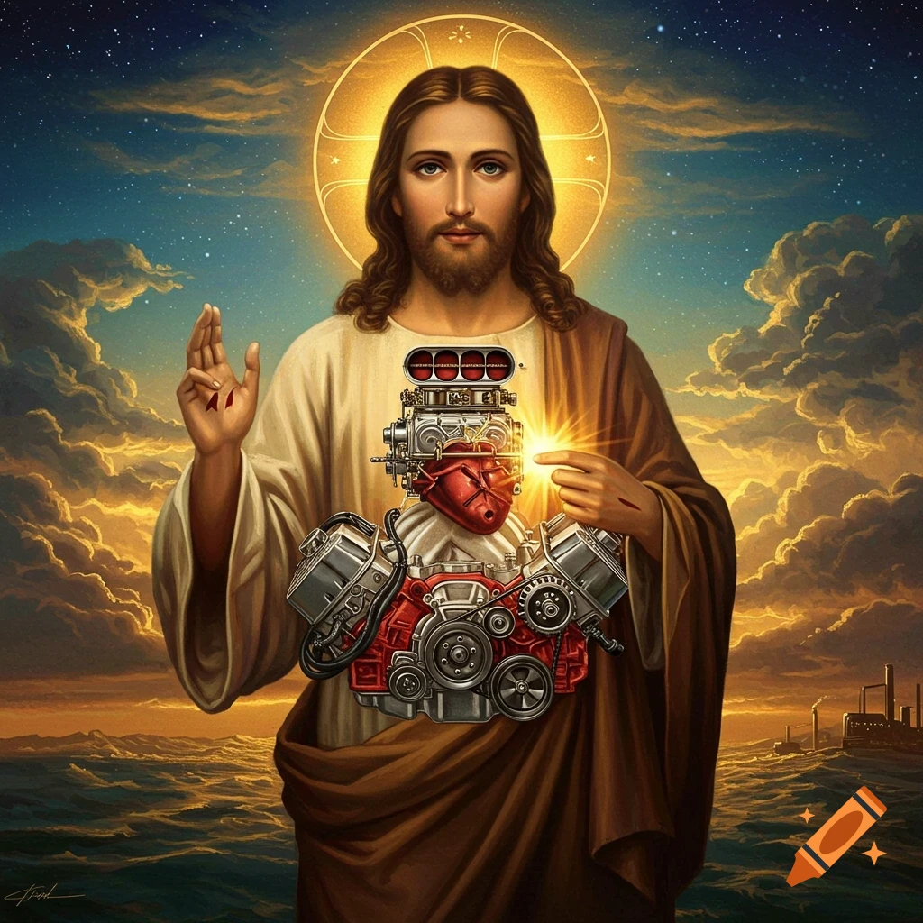 Jesus with a car engine replacing his heart, standing by the ocean at sunset