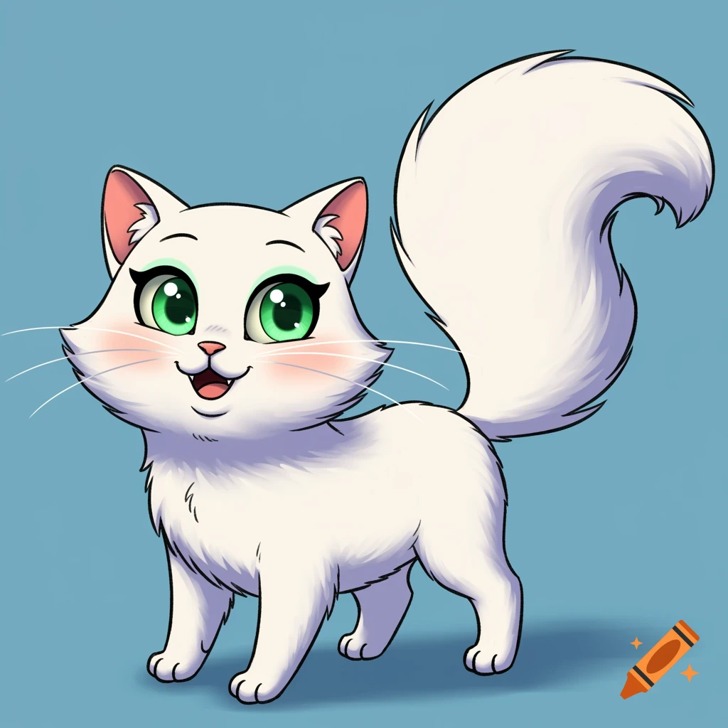 Cartoon illustration of a white cat with big green eyes standing on a blue background.