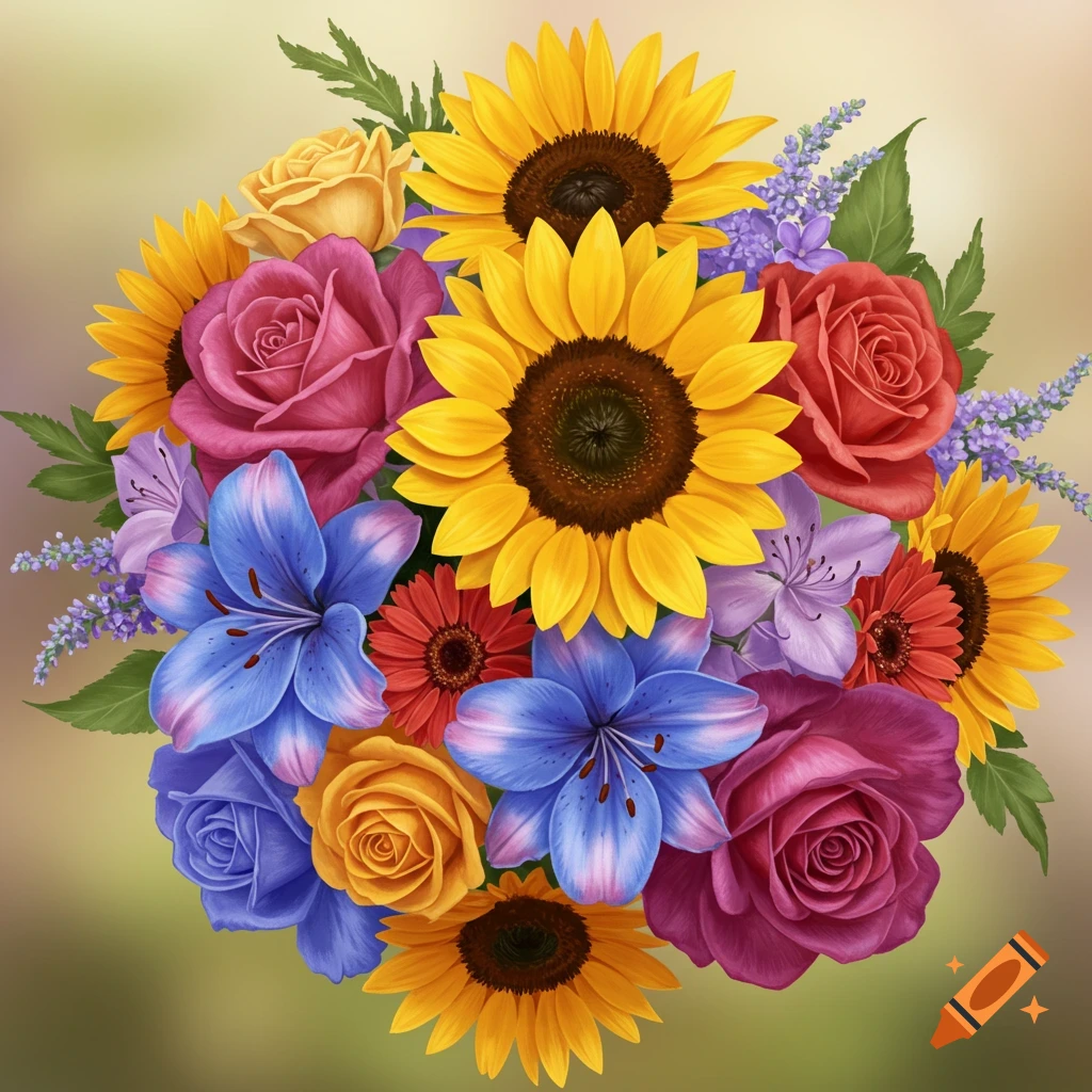 A vibrant bouquet of sunflowers, roses, lilies, and other flowers.