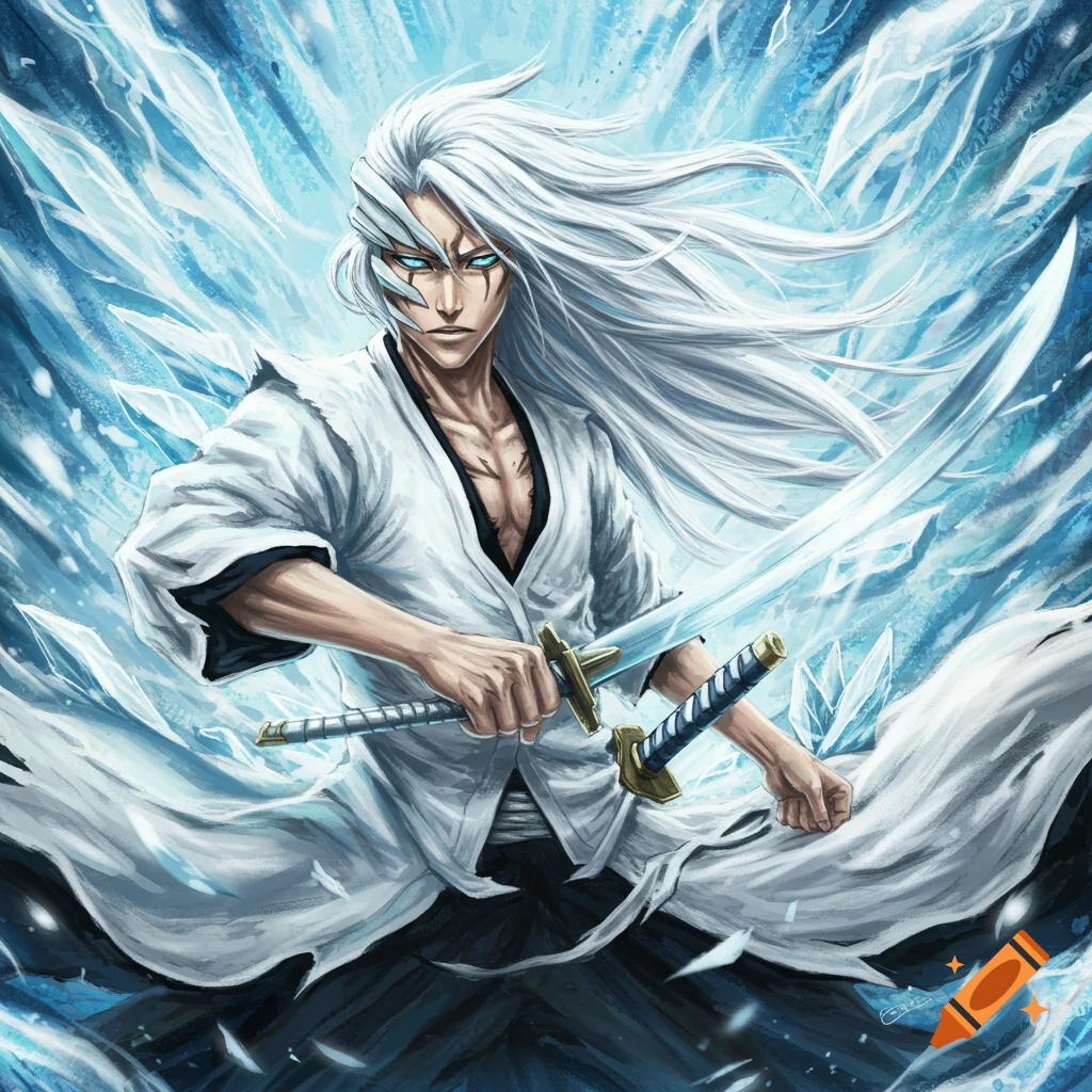 Illustration of a character from Bleach with white hair, holding two swords, surrounded by ice.