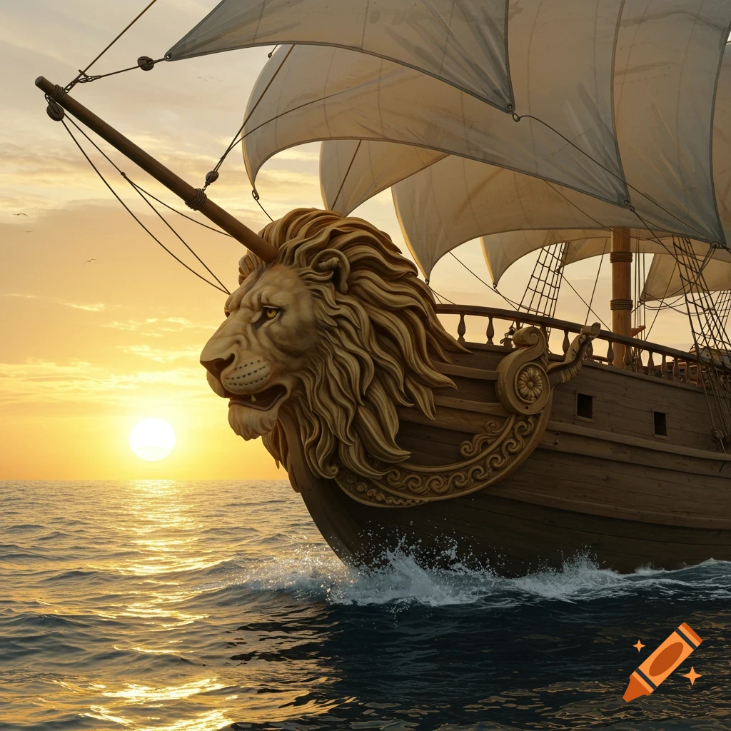 A ship with a golden lion figurehead sails on the sea at sunset.