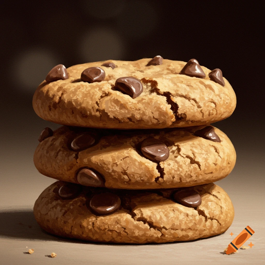 Three chocolate chip cookies stacked.