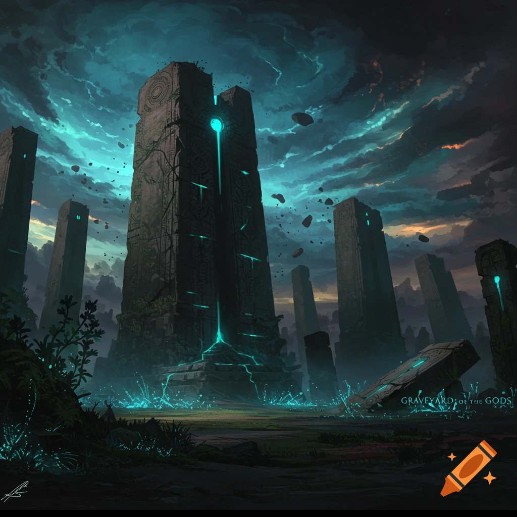 Monolithic stone pillars glowing blue in a dark, stormy landscape. Text reads 'GRAVEYARD OF THE GODS'.