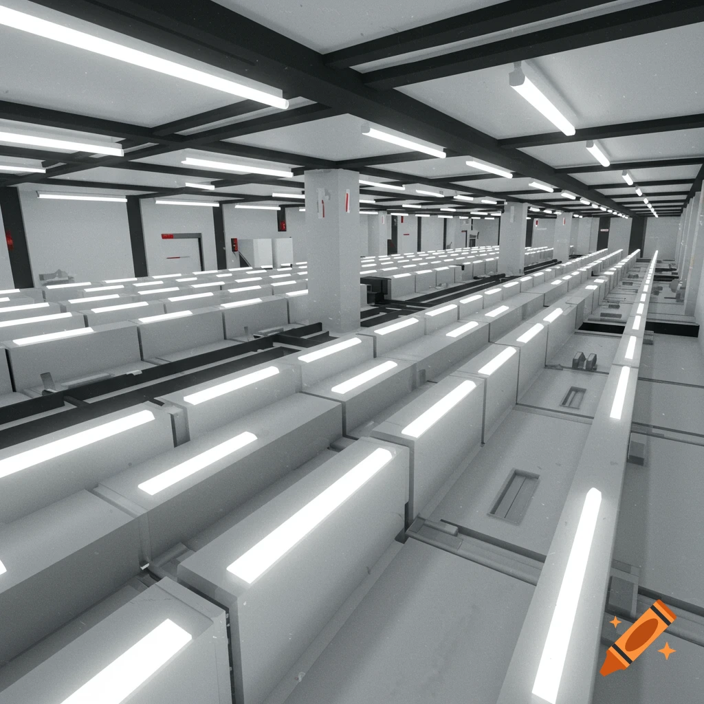 An infinite, stylized office building interior with rows of white workstations and bright fluorescent lights.