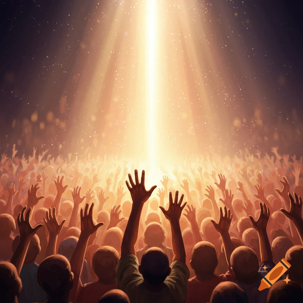 Crowd raising hands toward bright light, spiritual or event scene