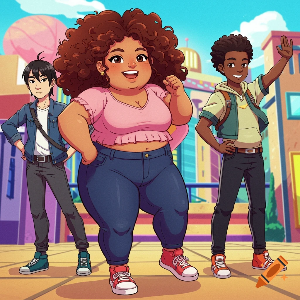Anime illustration of diverse friends in a city scene.