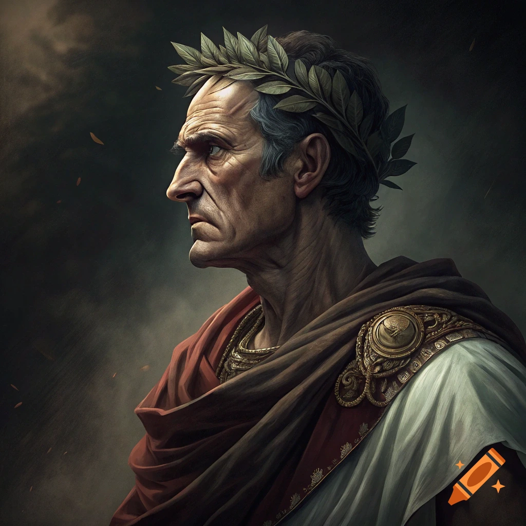 Dramatic profile portrait of a stern man with a laurel wreath, depicting Julius Caesar.