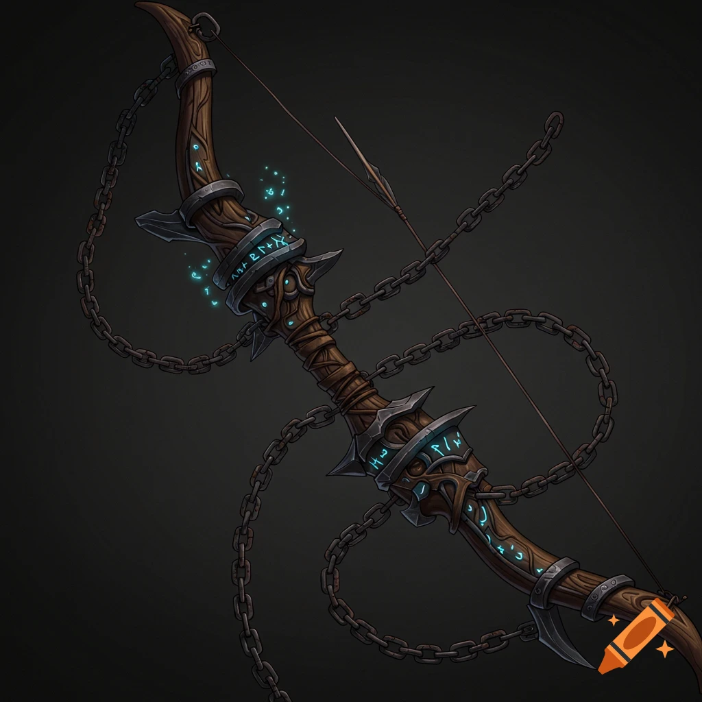 Fantasy drawing of a bow wrapped in chains with glowing runes and an arrow.