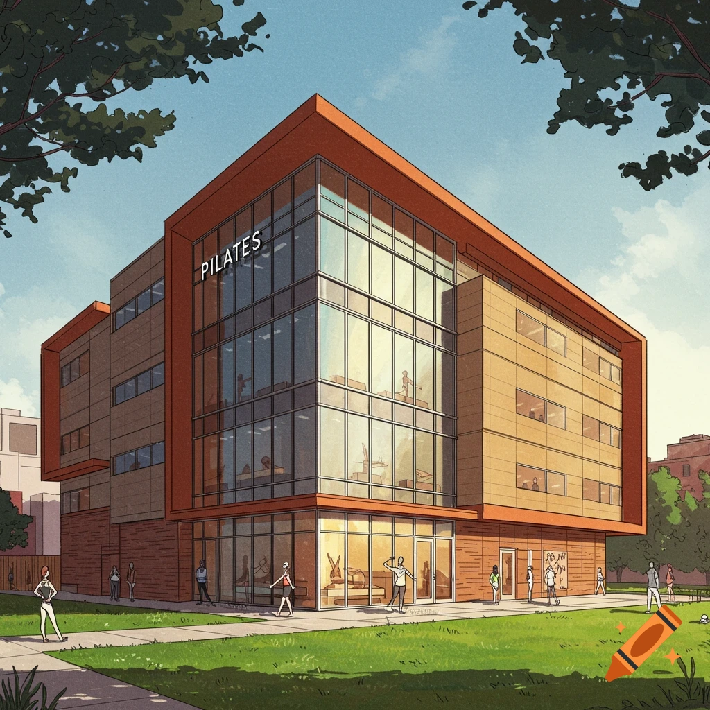A modern building with a Pilates sign and people outside.
