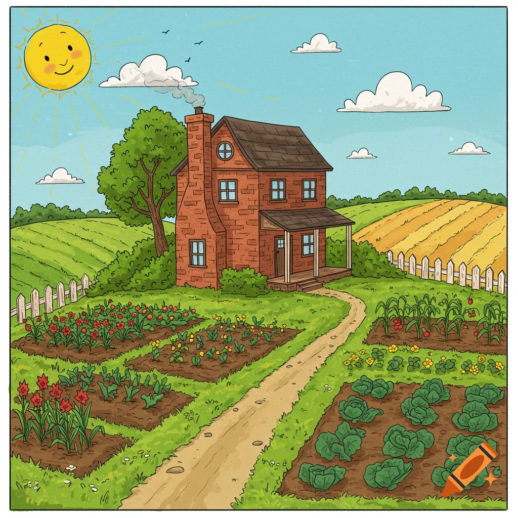A colorful illustration of a brick farmhouse with a porch, garden beds, fields, a sun, and clouds.
