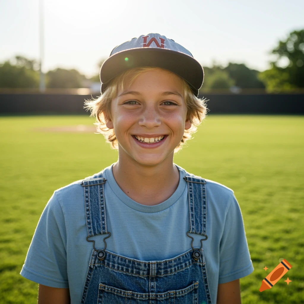A smiling boy in a baseball cap and overalls stands on a sunny baseball field.
