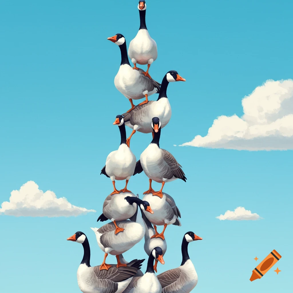 A stack of cartoon geese stands on top of each other against a blue sky.