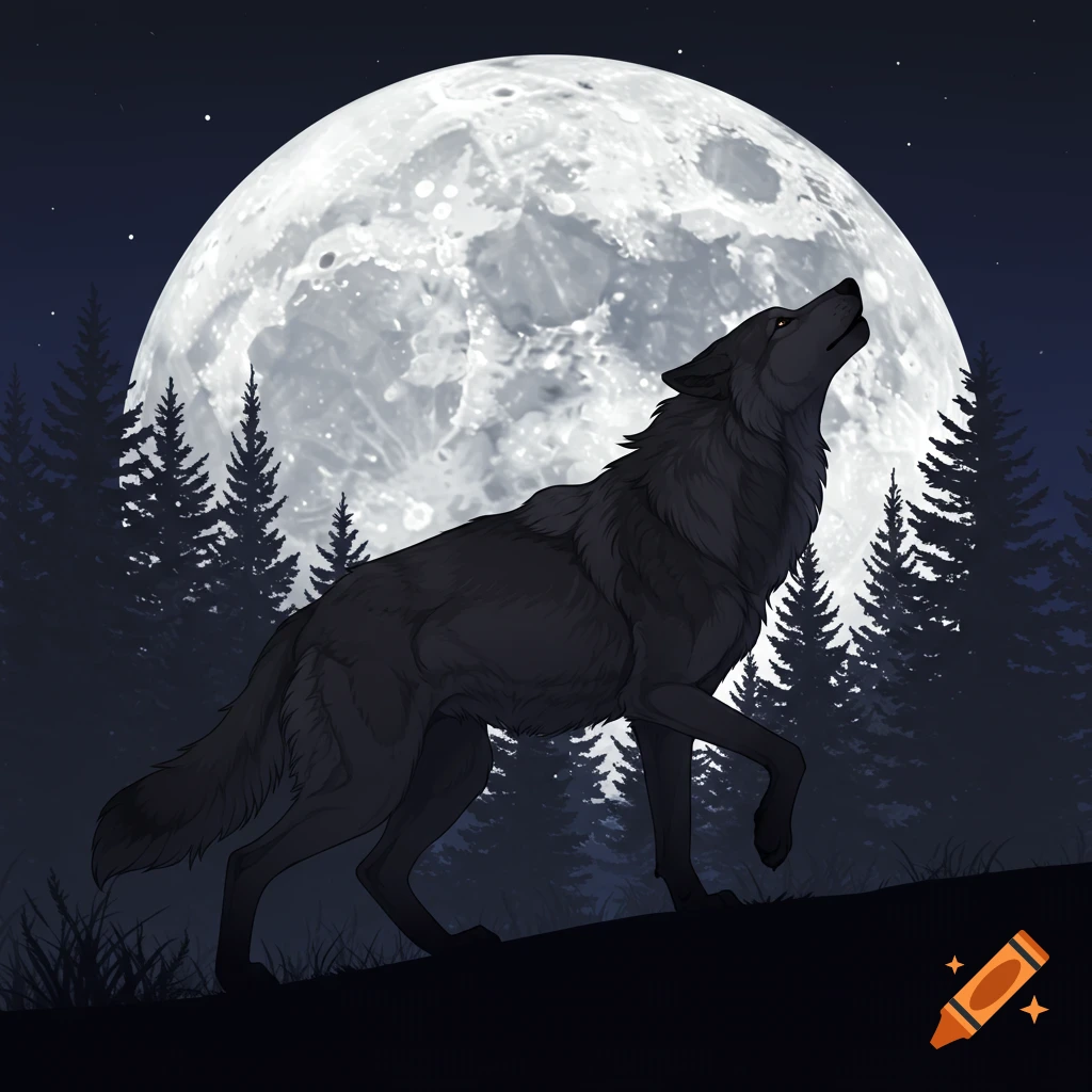 Black wolf howling at a large full moon in a forest at night.