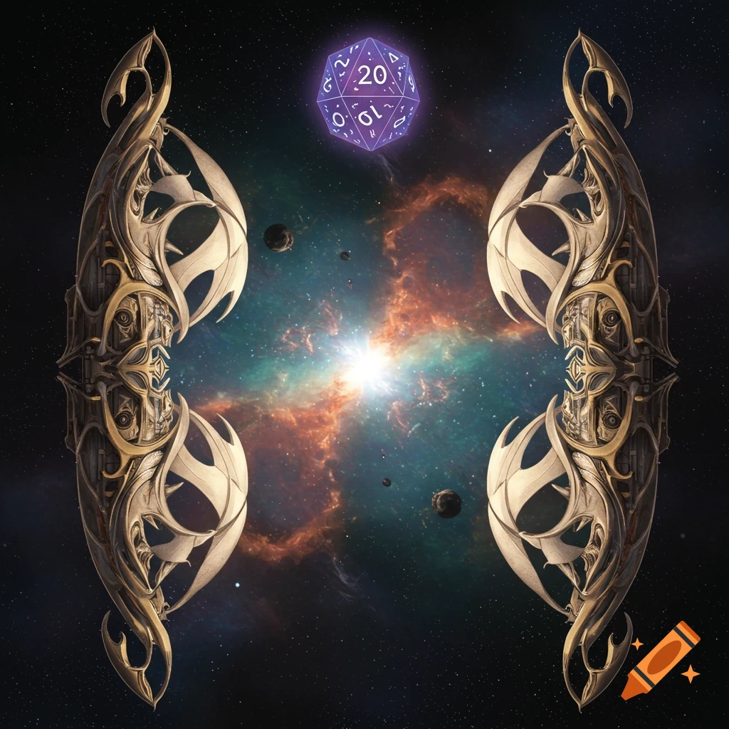 Two ornate sci-fi fantasy galleons in space with a large d20 dice showing 20