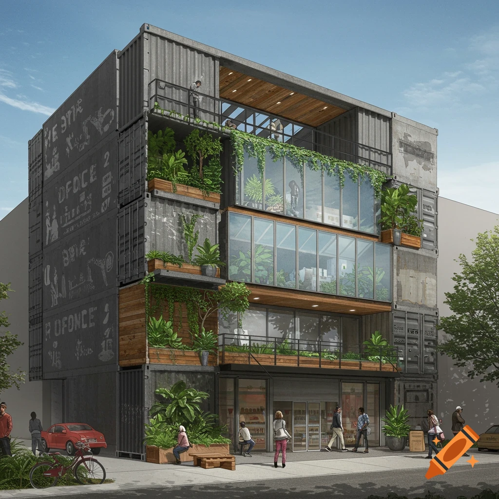 A modern building constructed from shipping containers with large windows, balconies, and plants, set in an urban street scene.