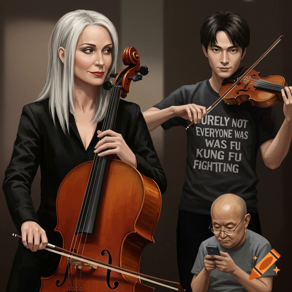 A woman with a cello, a man with a violin wearing a shirt with text, and a man looking at a phone.