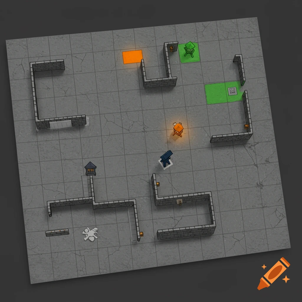 Top-down view of a simple prison escape board game map with grey grid tiles, walls, and tokens.