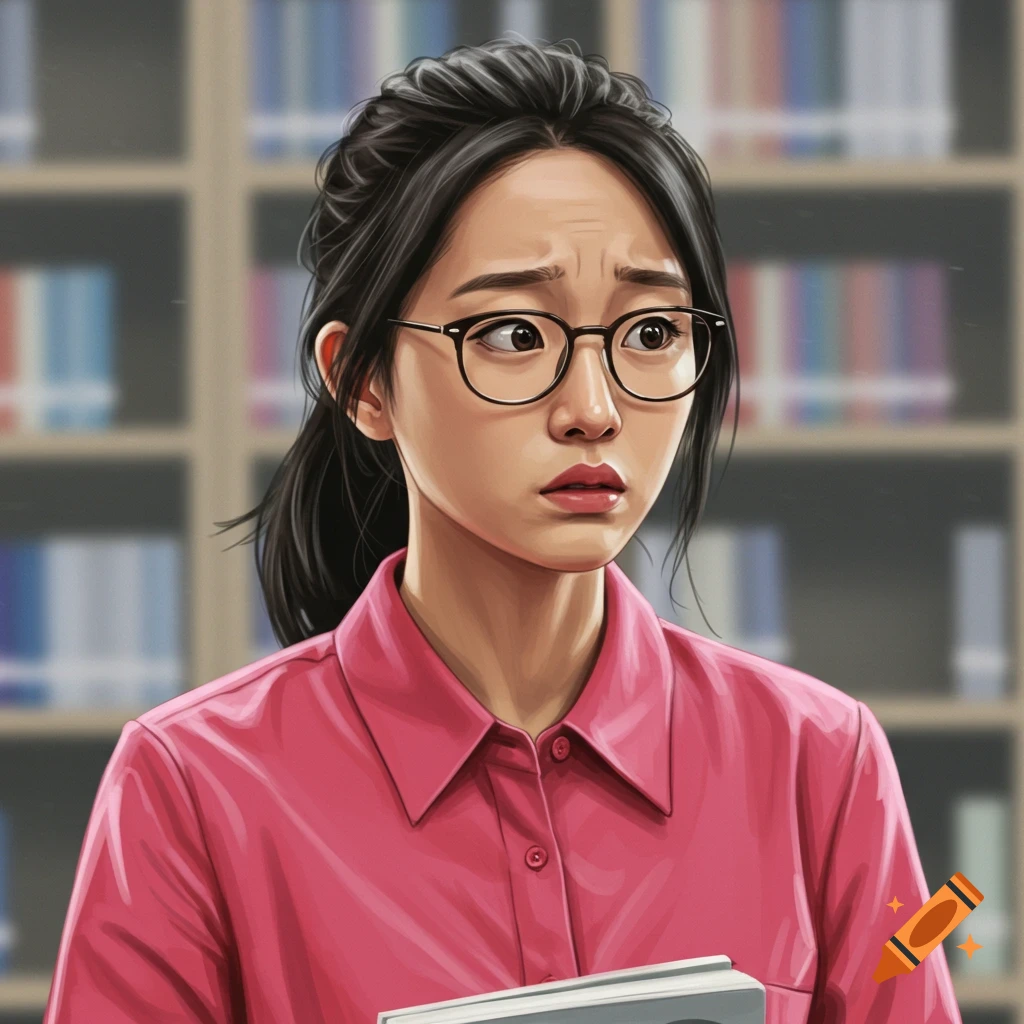 A nervous young woman with glasses holds a book in a library.