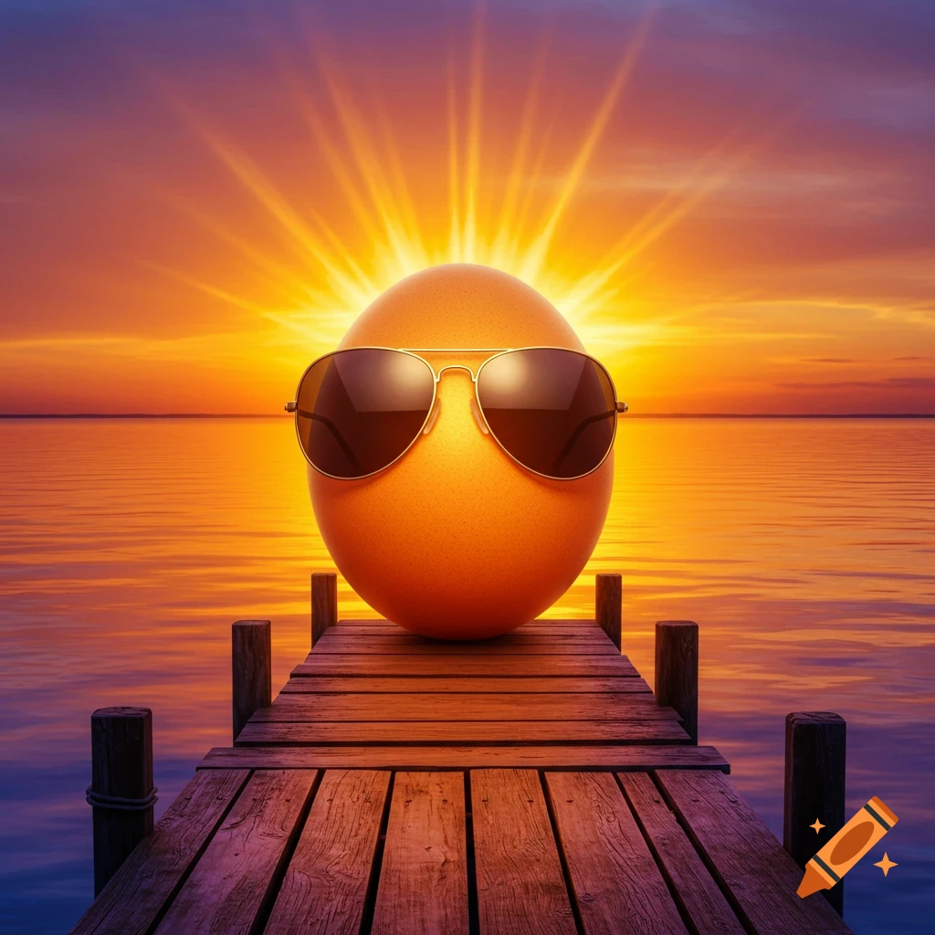 An egg wearing sunglasses is on a pier at sunset.