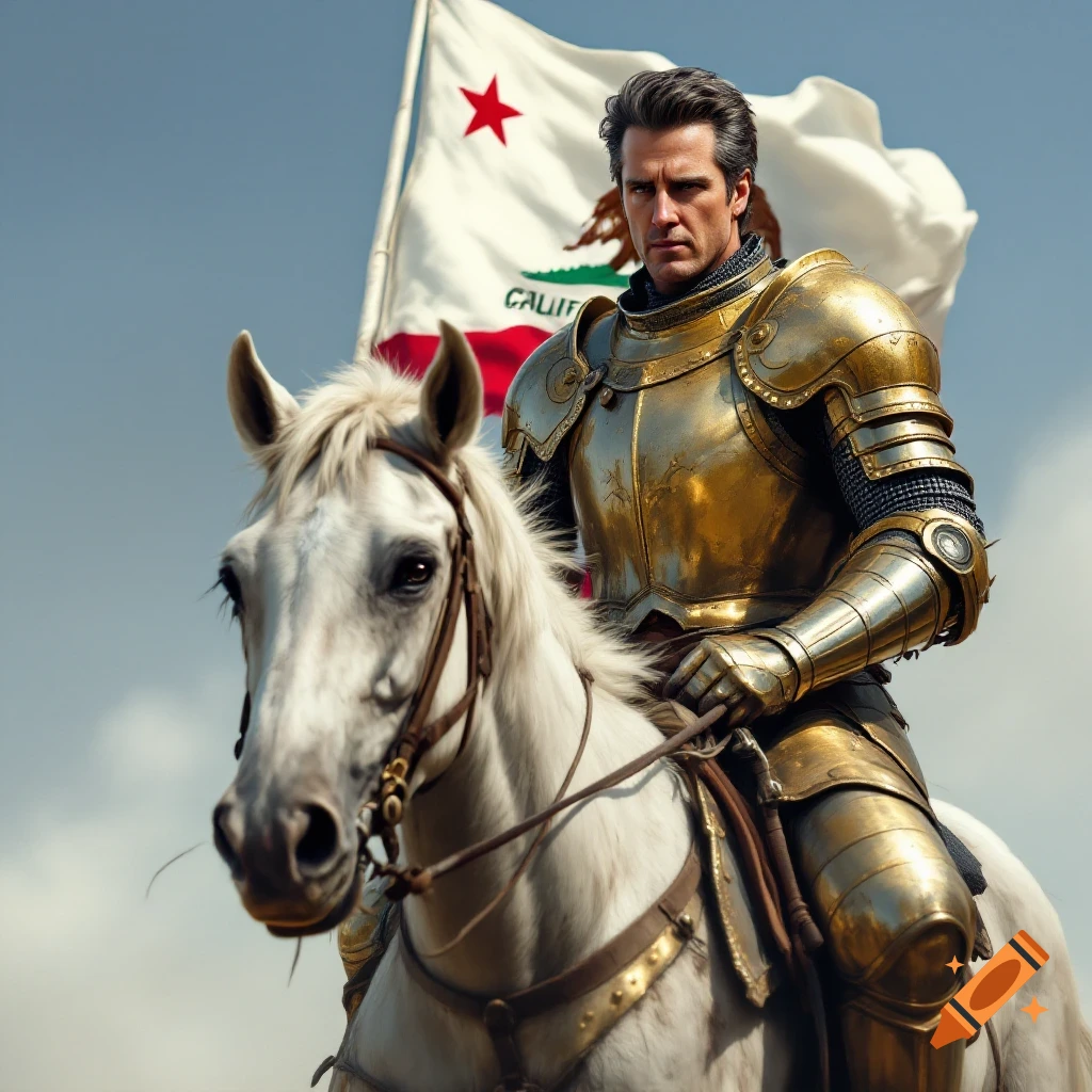 Man in golden armor riding a white horse with a California flag behind him.