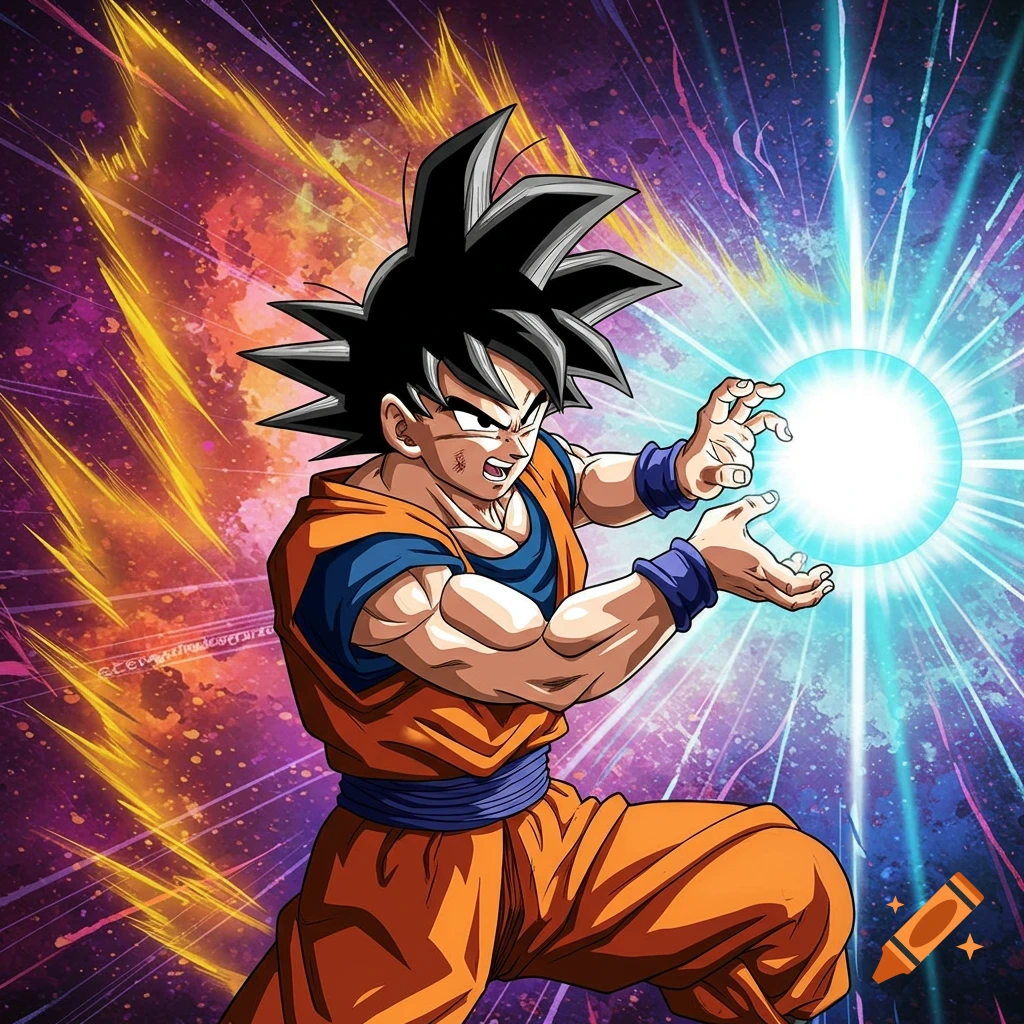 Goku from Dragon Ball Z preparing an energy attack in a dynamic pose against a colorful cosmic background.
