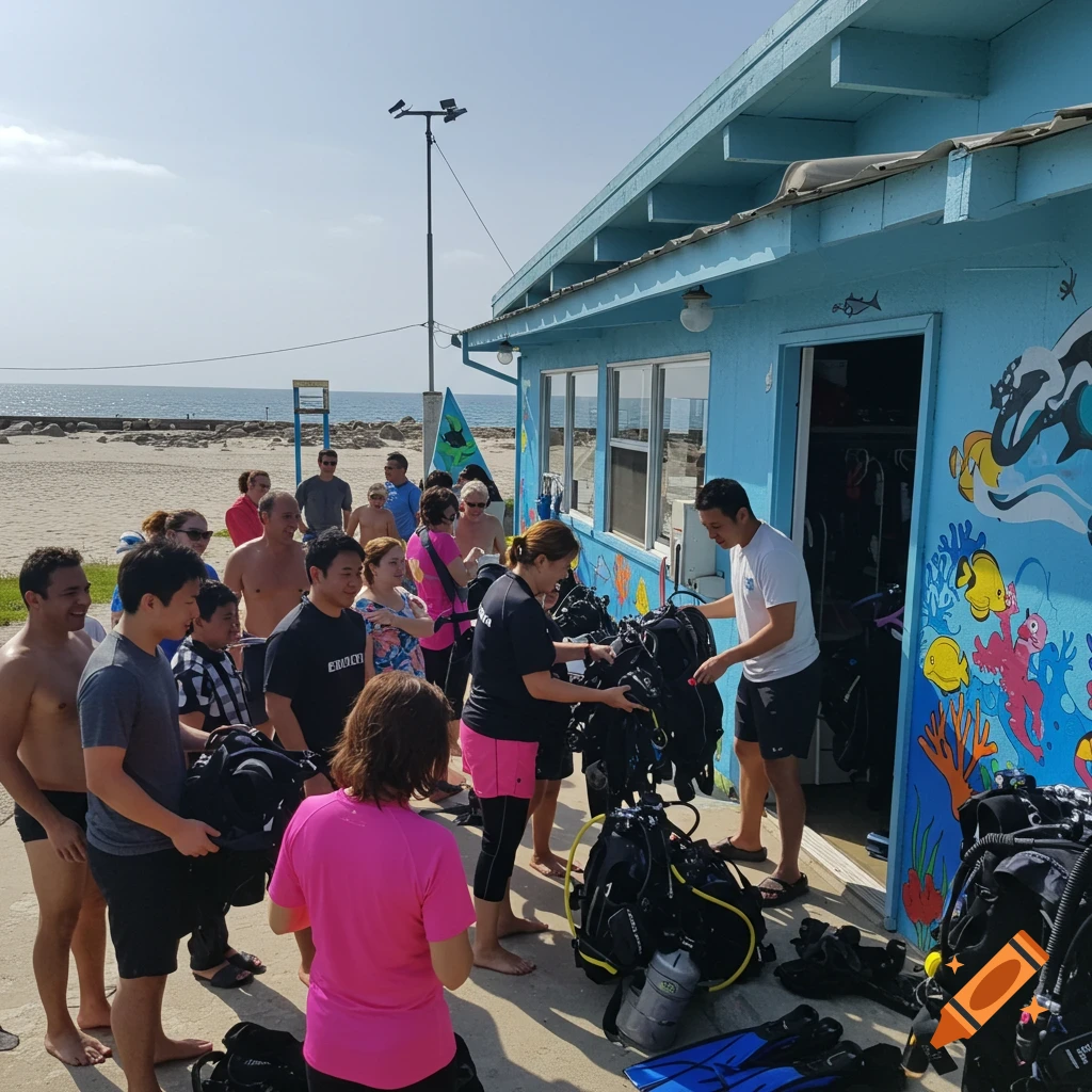 People receive diving gear outside a blue building on a beach