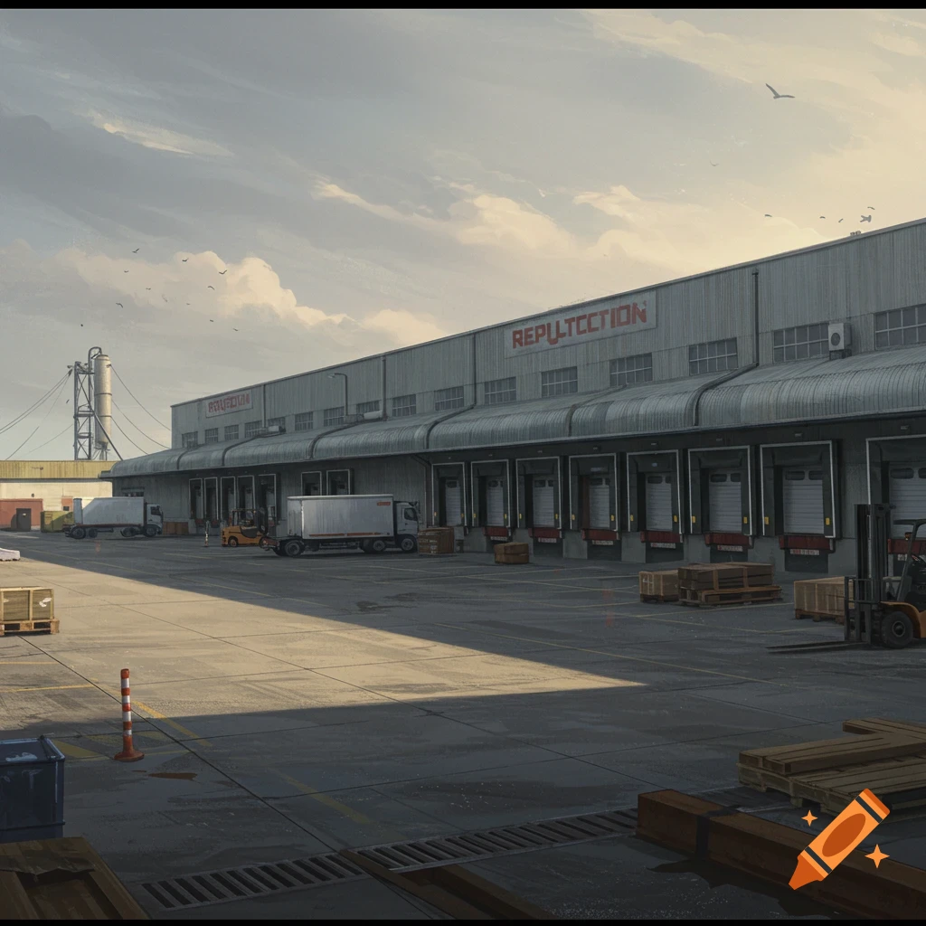 A factory with loading docks, trucks, forklifts, and birds under a cloudy sky.