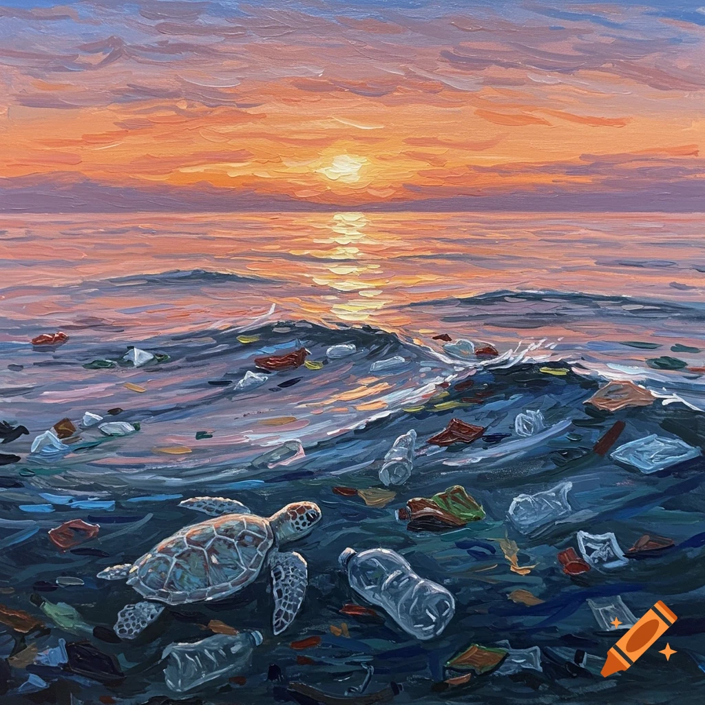 Impressionist painting of a sea turtle swimming in plastic-filled ocean water under a sunset.