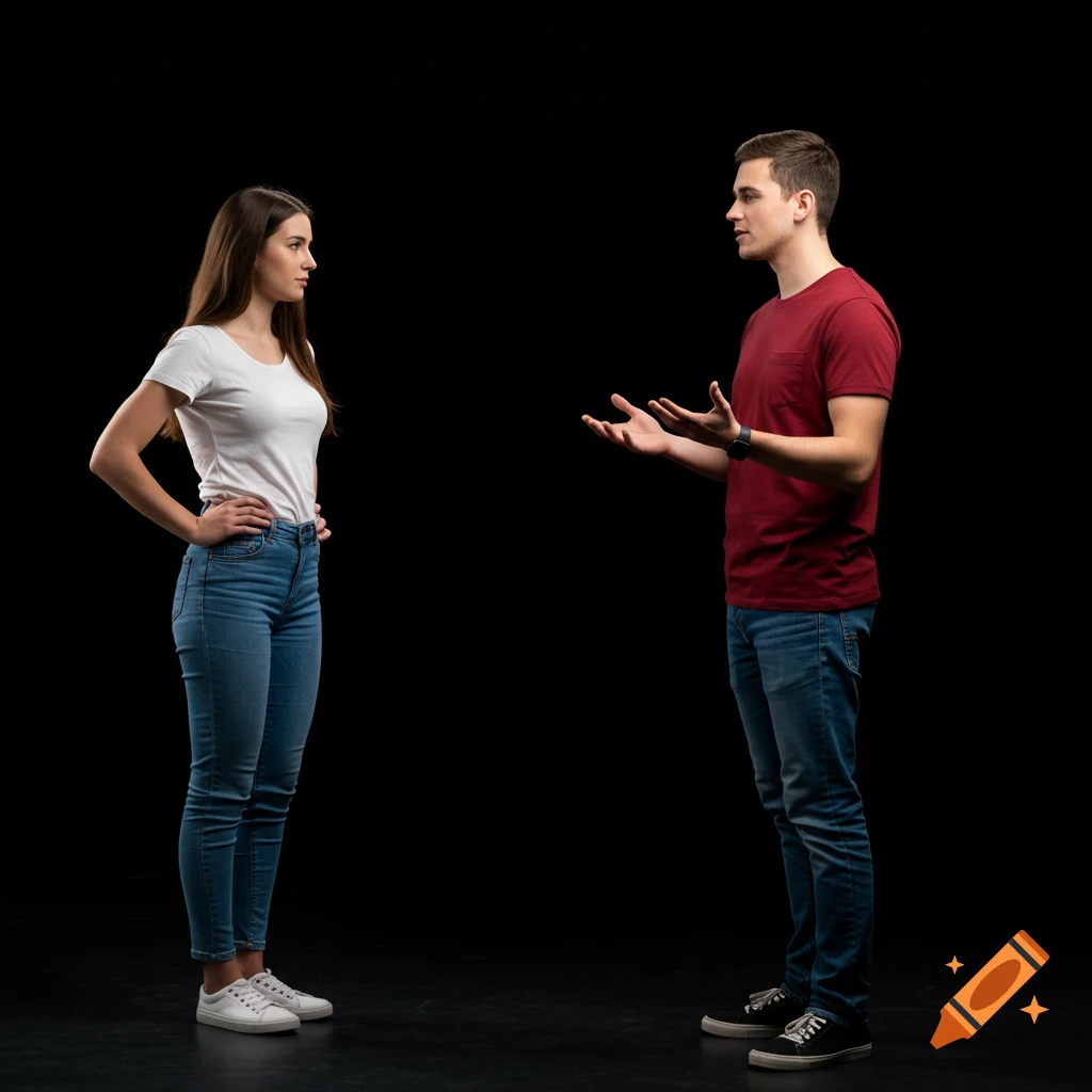 Young couple standing facing each other on a black background, appearing to talk.
