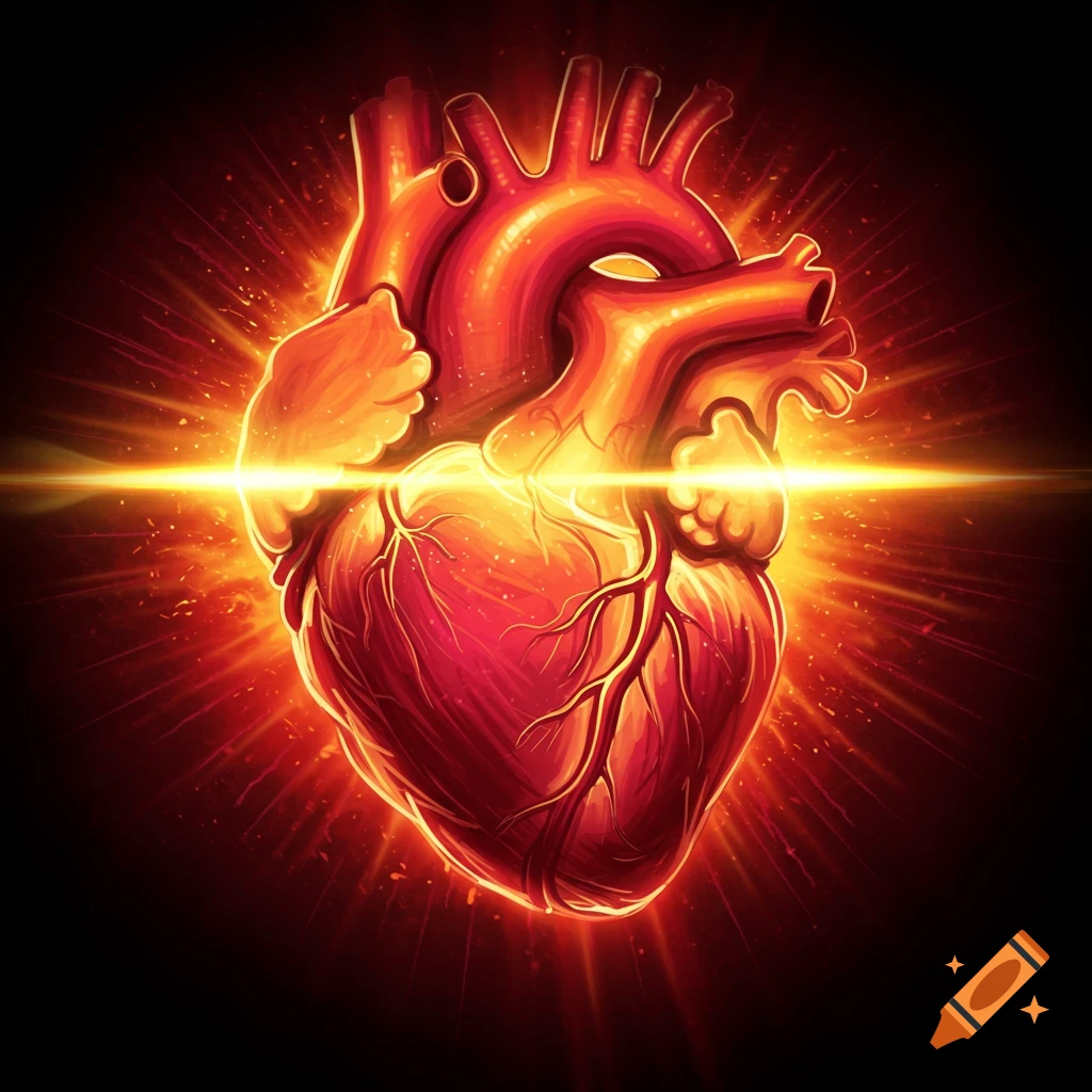 A glowing human heart with rays of light.