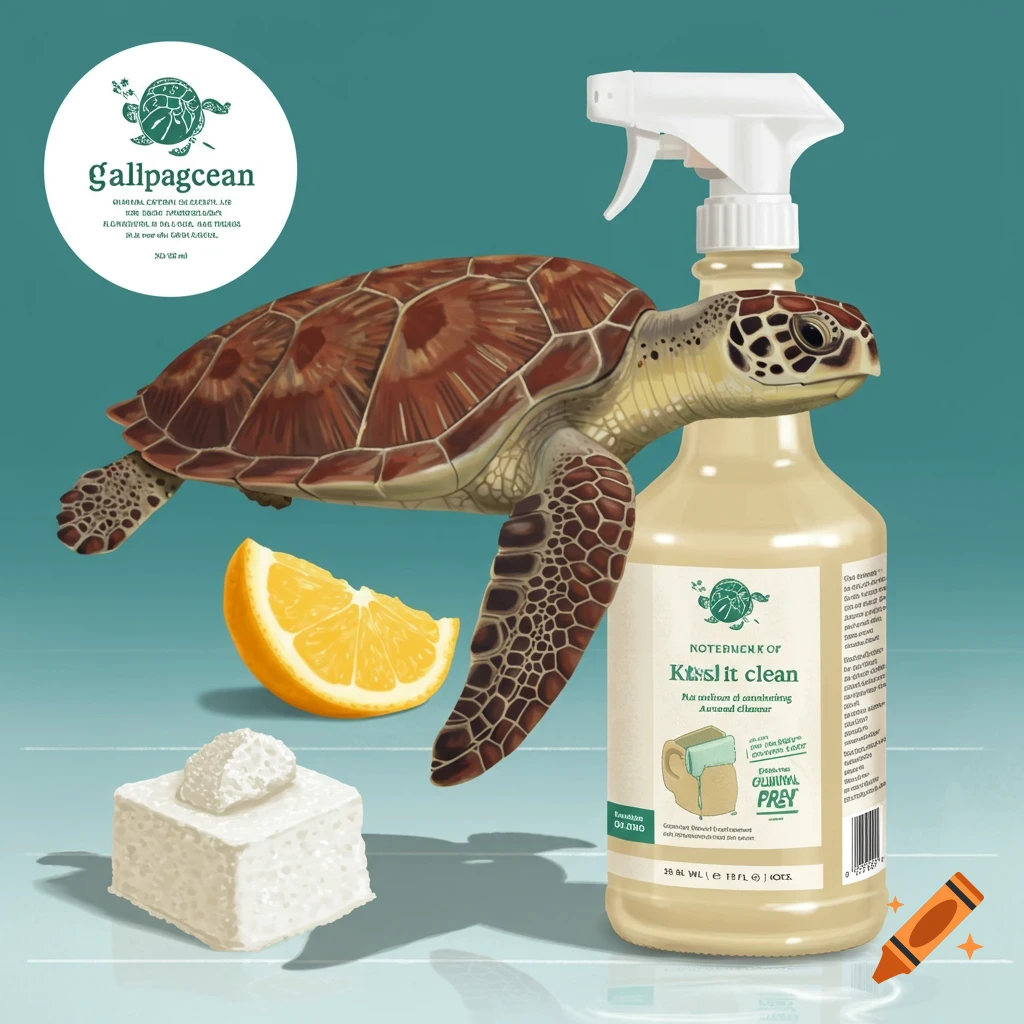 A turtle is shown next to a cleaning product bottle, an orange slice, and a white cube.