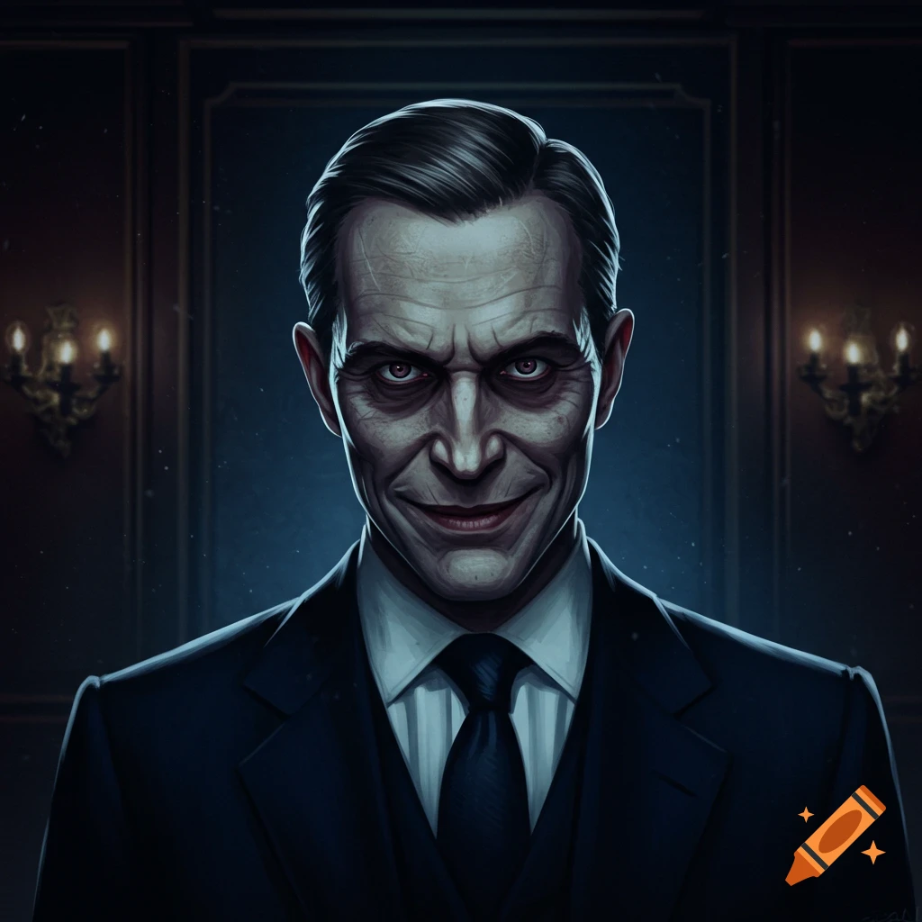A sinister man in a suit is smiling.