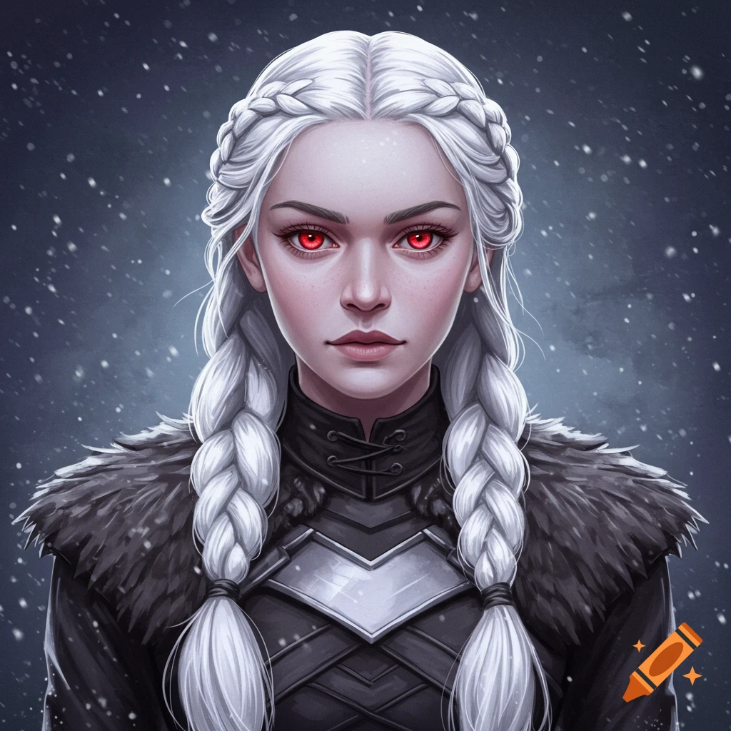 A fantasy woman with white braids, red eyes, and dark fur armor stands in the snow.