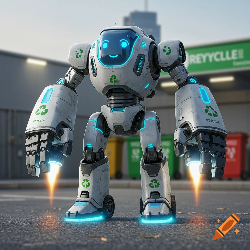 A futuristic white recycling robot with glowing blue accents stands outdoors near recycling bins.