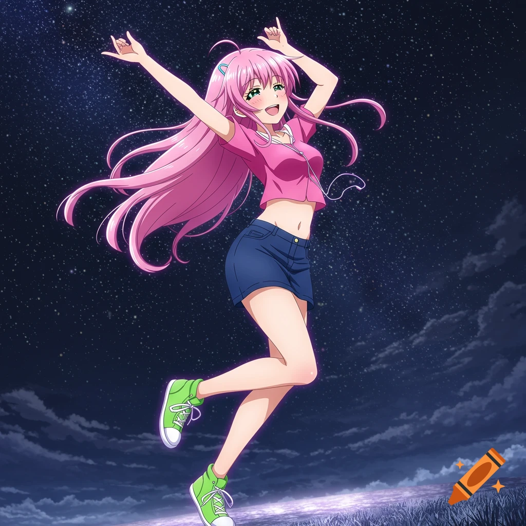 Anime girl with pink hair dancing under a starry night sky